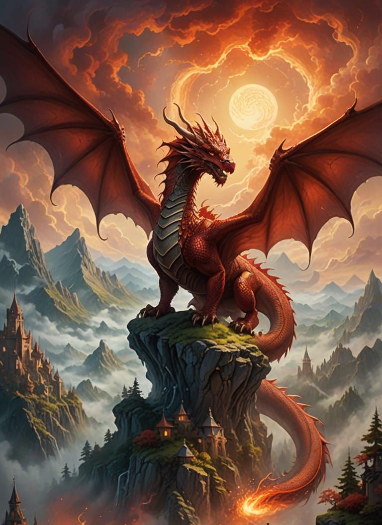 Majestic Red Dragon Takes Flight in Ethereal Fantasy Landsca...