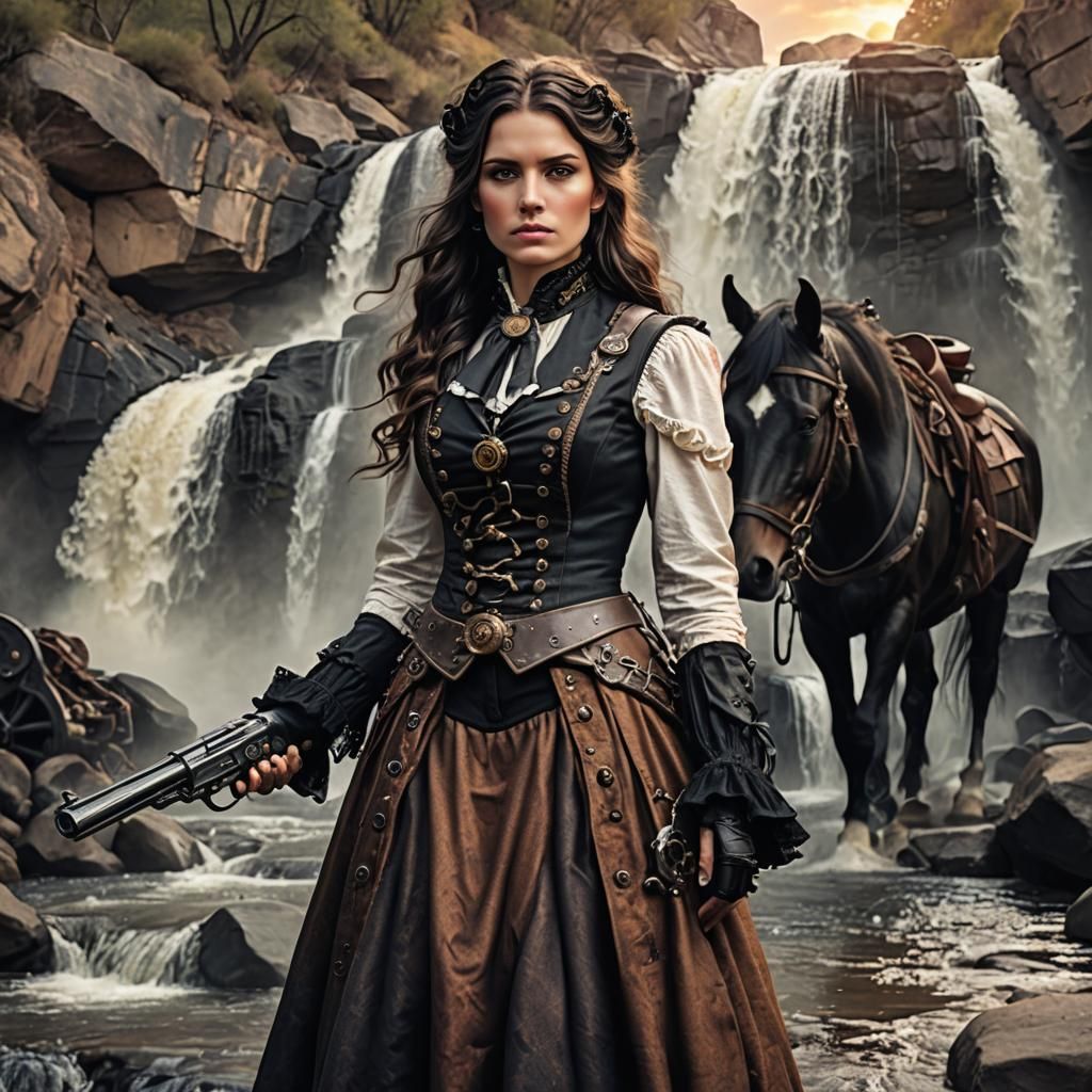 Victorian Gunslinger in Wild West Sunset with Steampunk Engi...