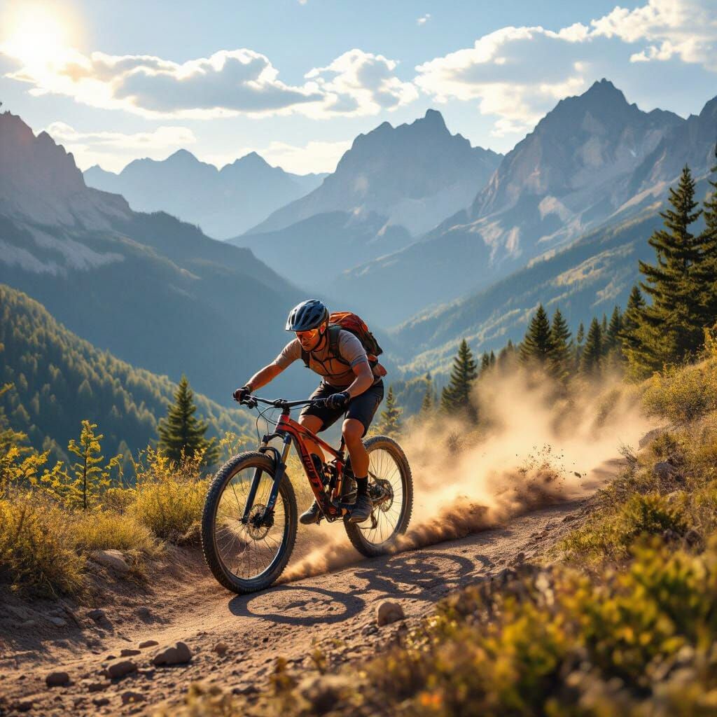Cyclist on Rugged Trail Amidst Sun-Drenched Mountains