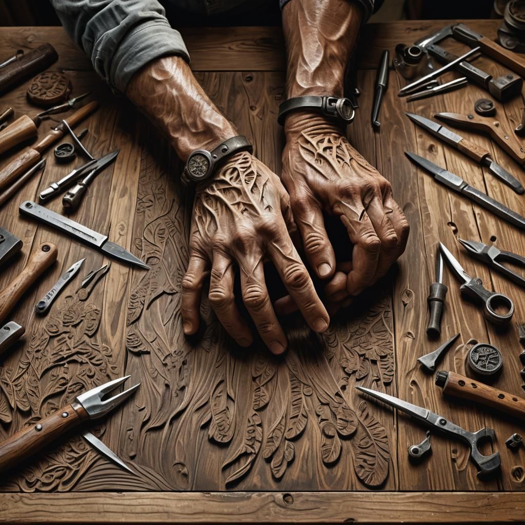 Craftsman's Hands Carving Wood in Workshop