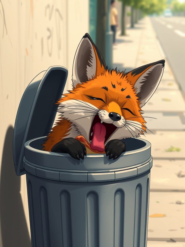 Fox Emerges From Trash Can, Anime Style