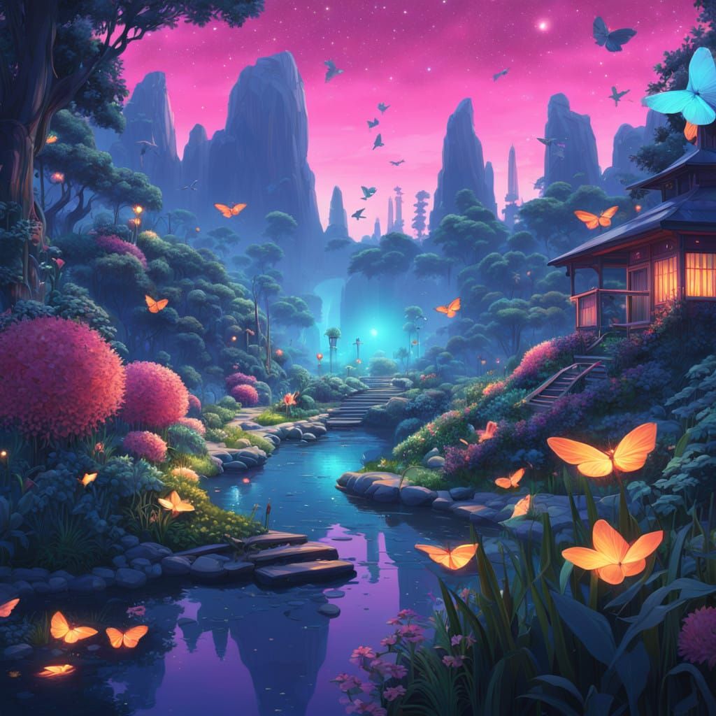 Epic Dreamlike Garden in Vibrant Digital Illustration Style