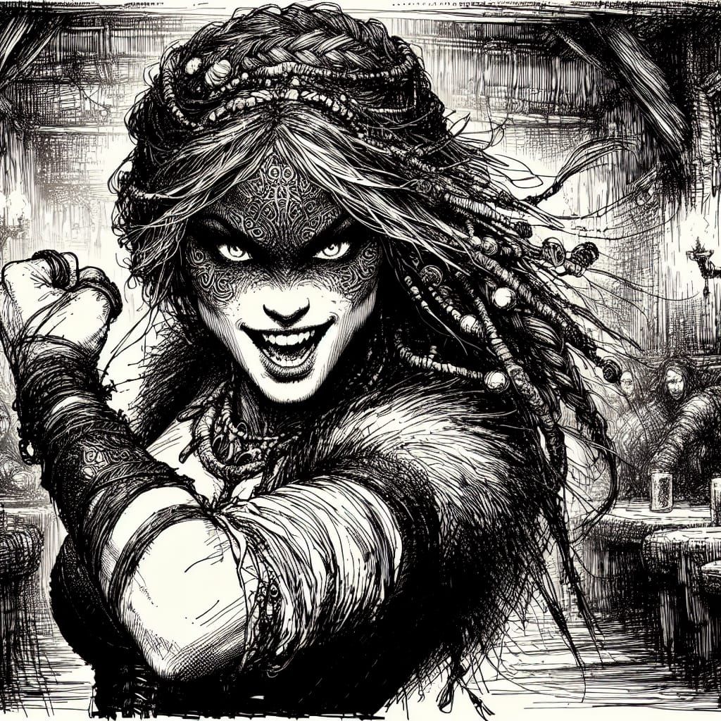 Fierce Feline Brawler in Dark Tavern Sketch