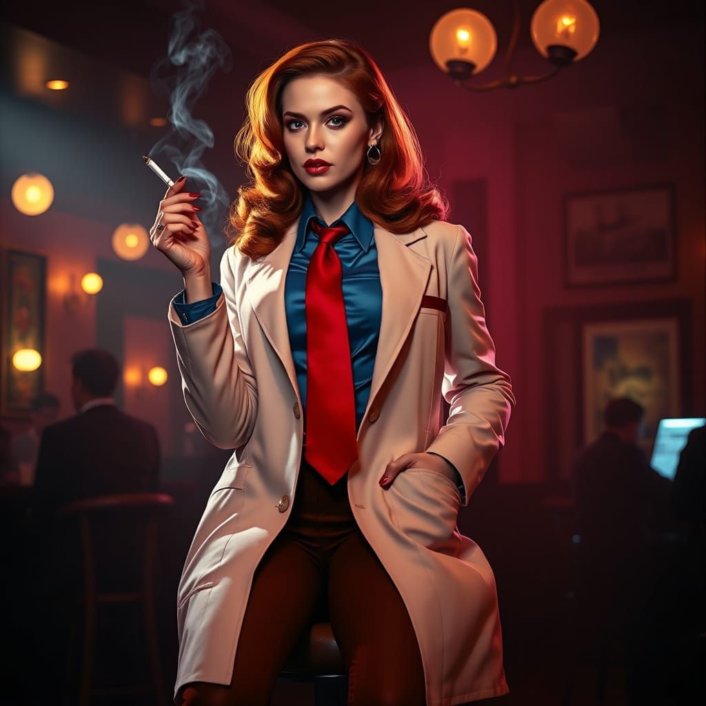 Redhead in Lab Coat, Smoky Jazz Club, Art Deco Style