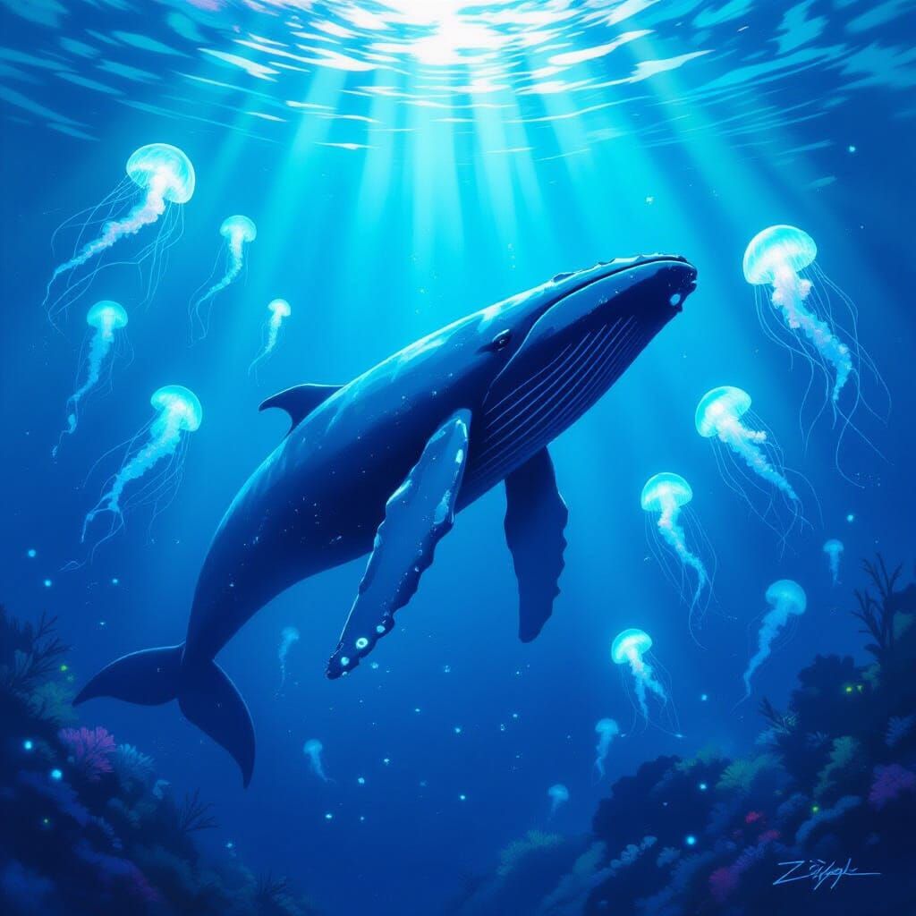 Humpback Whale Breaching in Bioluminescent Ocean