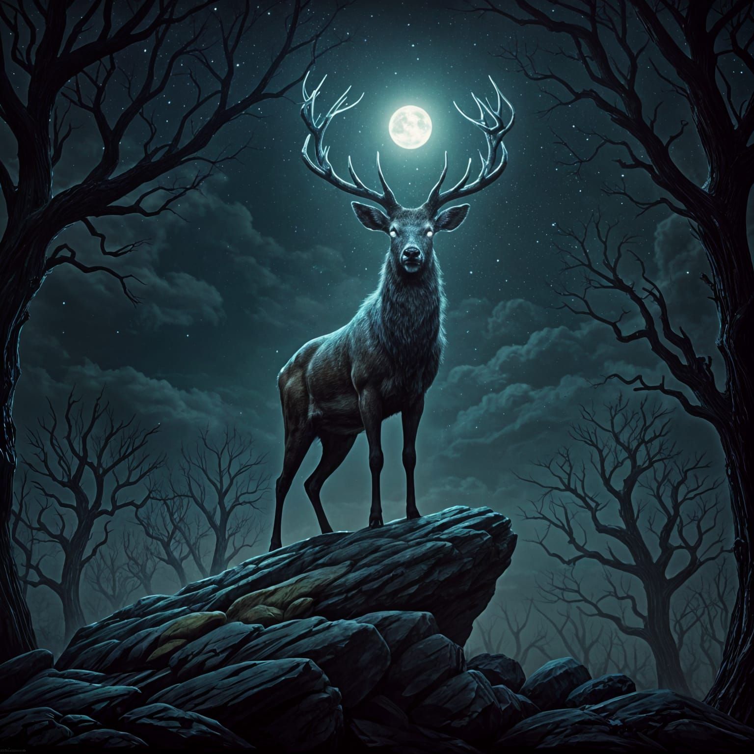 Eerie Deer in Starry Van Gogh Night