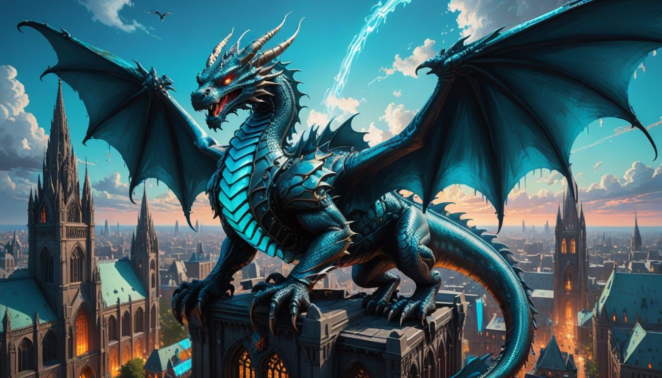 Cyberpunk Dragon Overlook in Chrome and Azure Fire