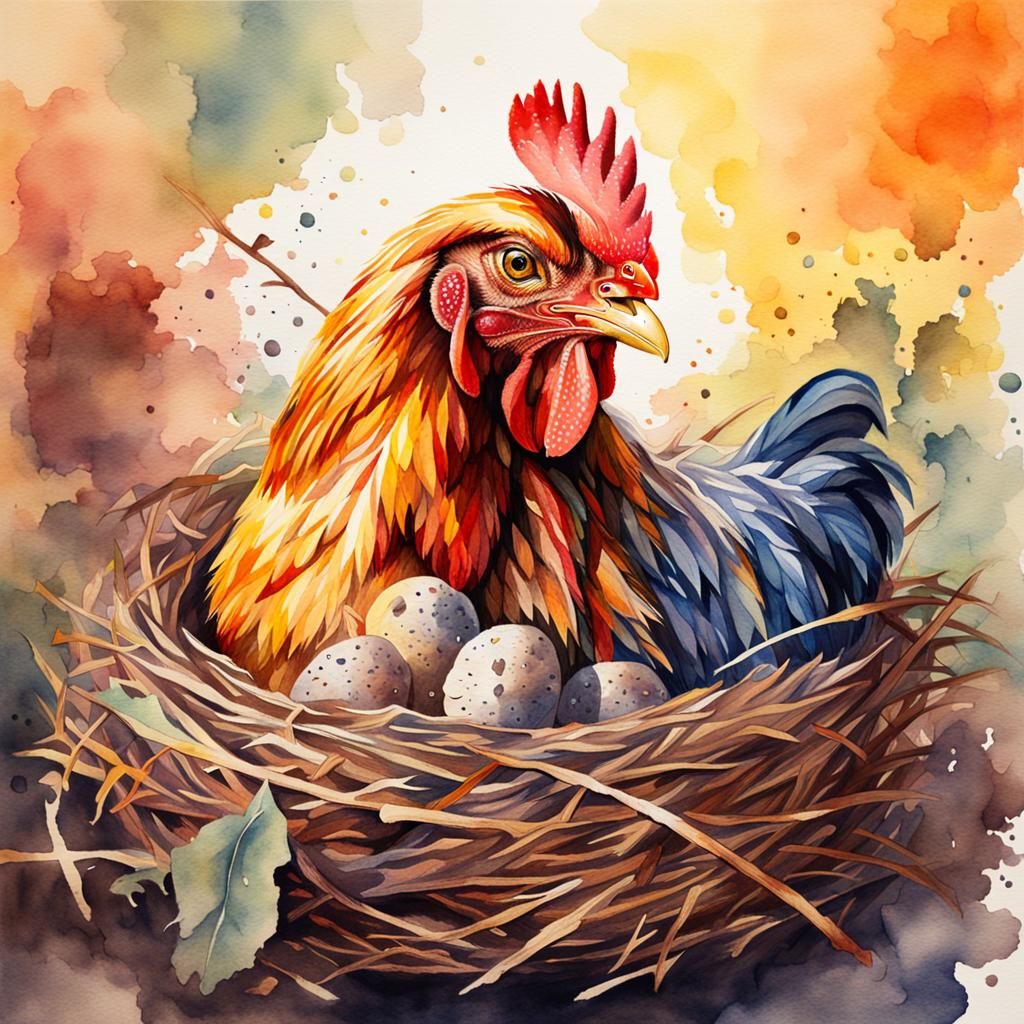 Watercolor Chicken on Nest: Hyperrealistic Splash Art