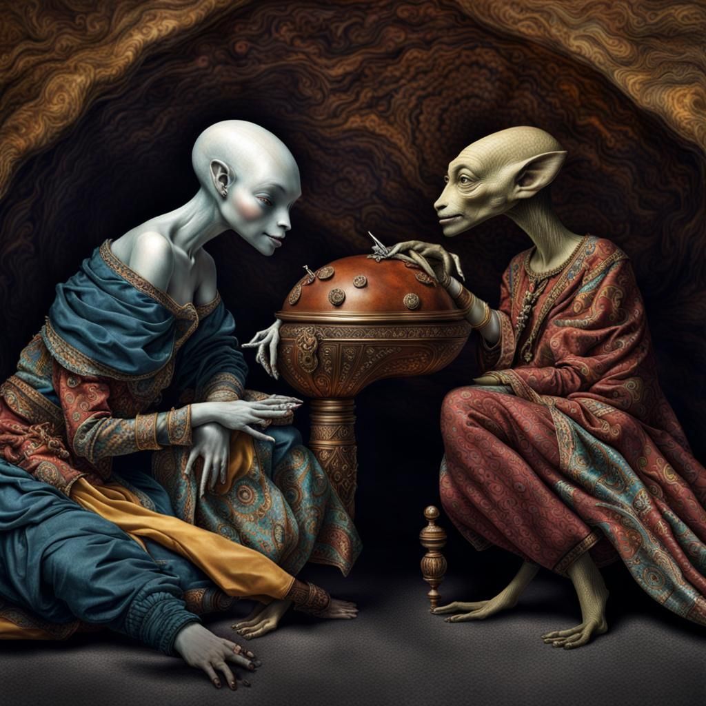 Surreal Alien Restaurant Celebration in Dreamy Light