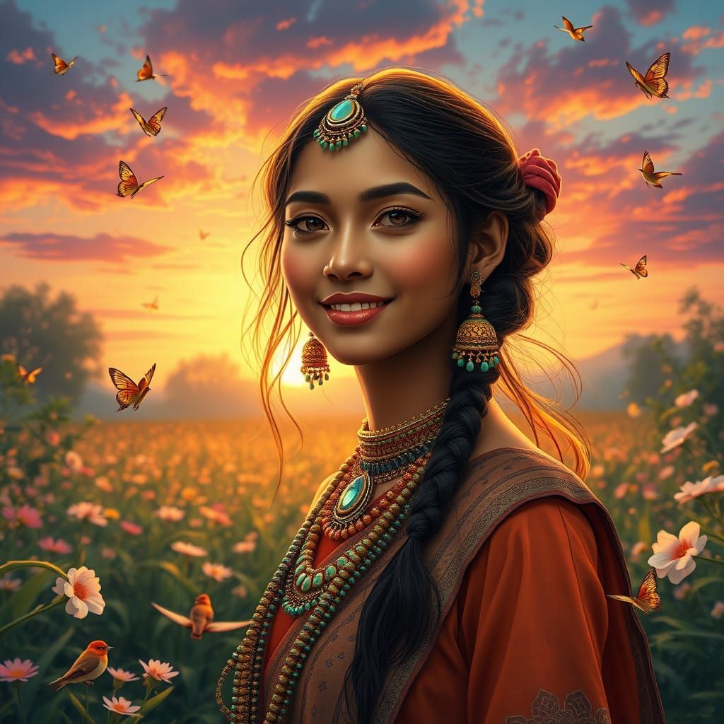 Serenely Smiling Indian Tribal Woman in Vibrant Spring Garde...