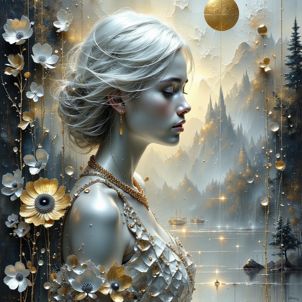 Surreal Woman with Shimmering Silver Hair in a Vibrant Metal...