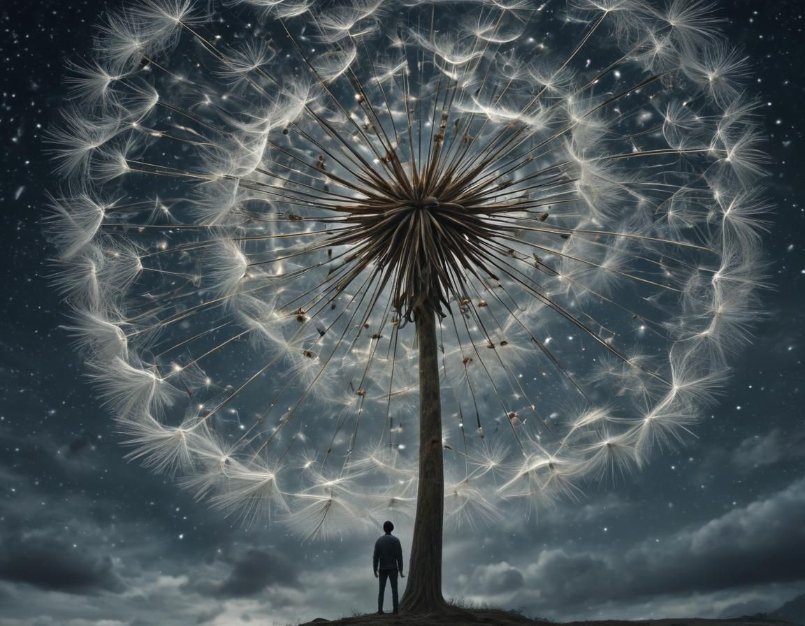 Giant Dandelion Seeds Swirling in Fantasy Art Style