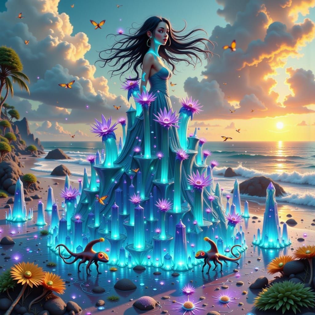 Woman on Alien Beach with Crystalline Structures