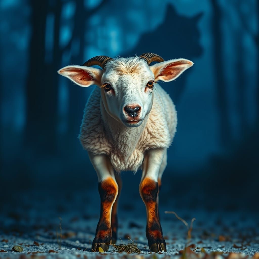 Terrified Lamb in Misty Forest at Dusk
