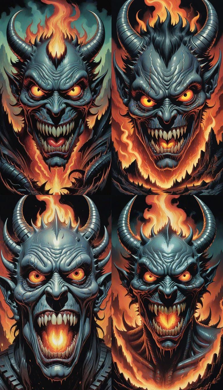 Surreal Gargantuan Devil Smirks with Silver Coated Eyes Amid...