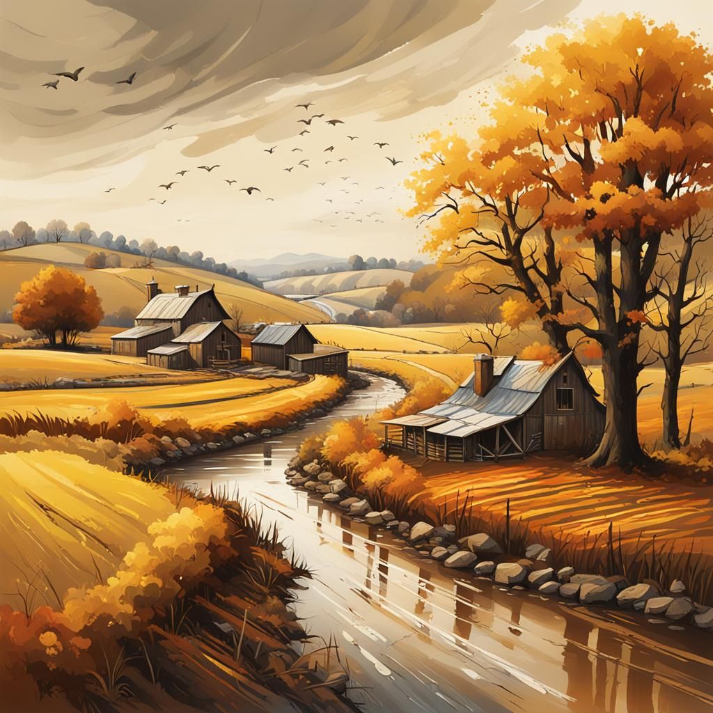 Farm in the countryside, autumn, trees lose their leaves, yellow and brown, fields of ploughed land, a small river flows...