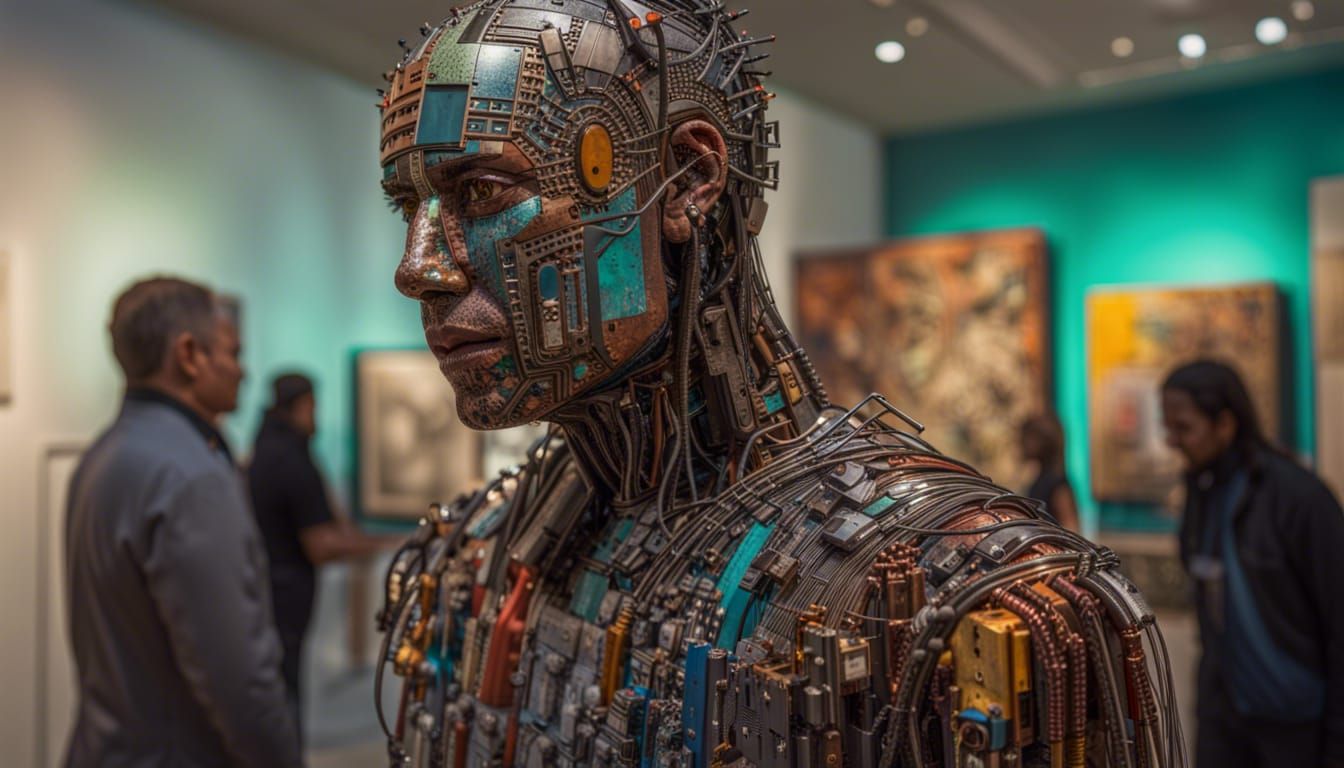 Circuit Board Man in Art Gallery: Hyperrealistic Splash Art