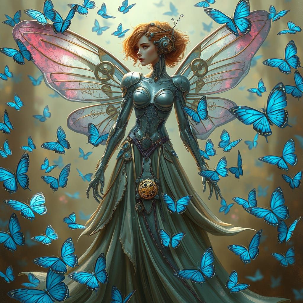 Cyborg Fairy with Robot Wings and Butterflies