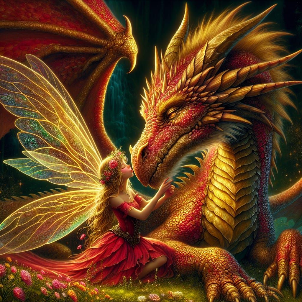 Fairy Kisses Dragon in Enchanting Fantasy Scene