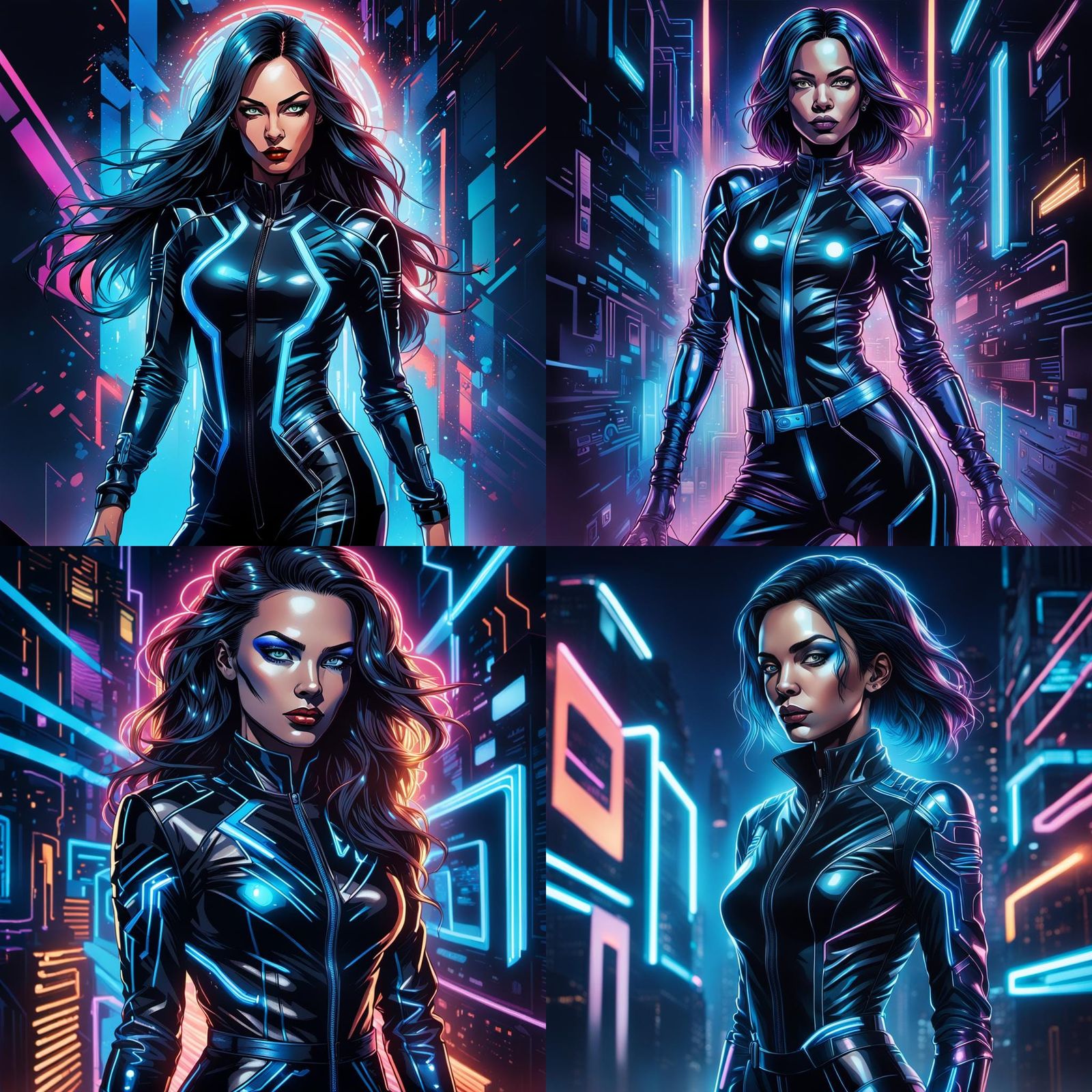 Neon-Lit Woman in Sleek Jumpsuit, Comic Book Art