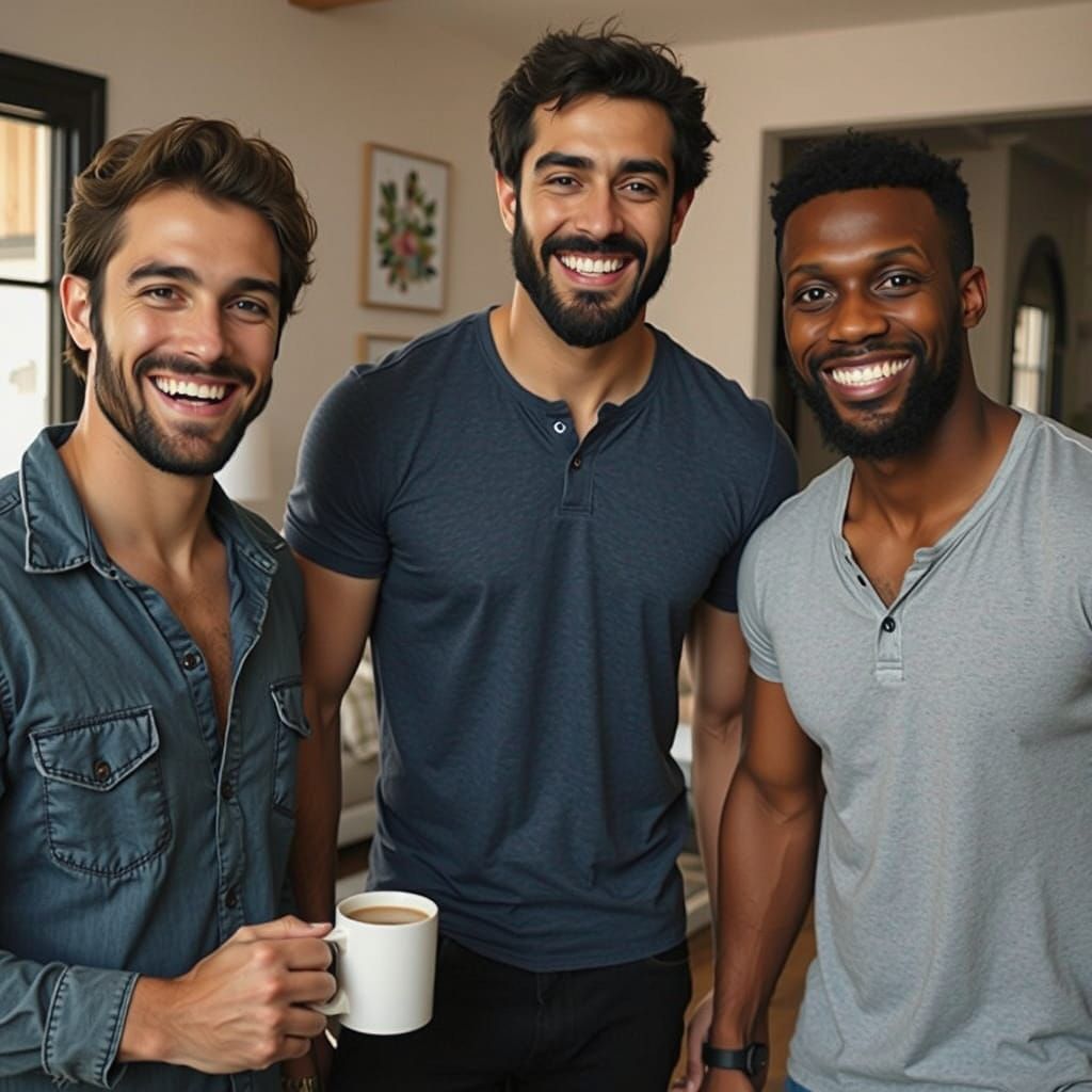 Three Male Friends Enjoy a Relaxed Evening Together in a Coz...