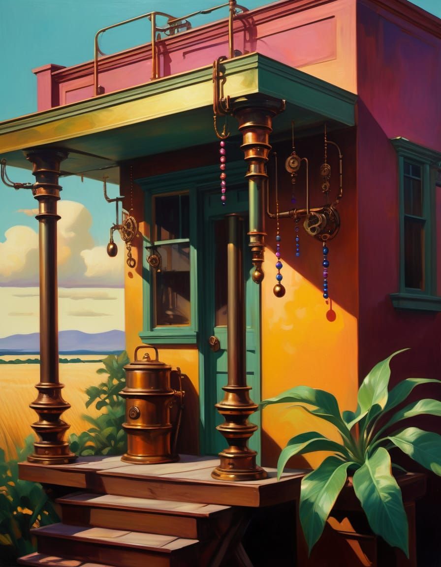 Steampunk still life. Medium shot. Jumbie beads and weather plant entwined with copper pipes and gears on a worn wooden ...