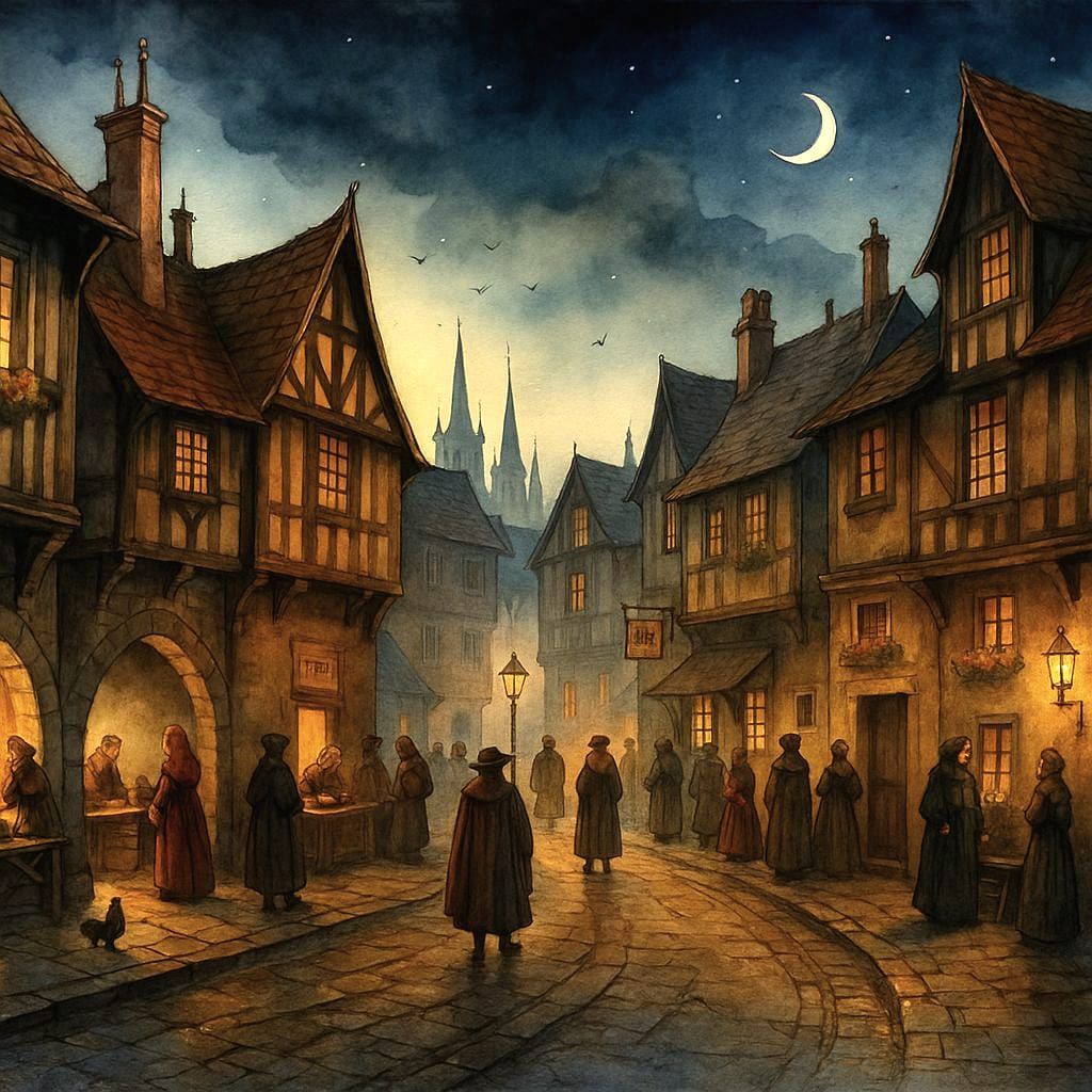 Whimsical Medieval European Night Scene in Watercolour Style