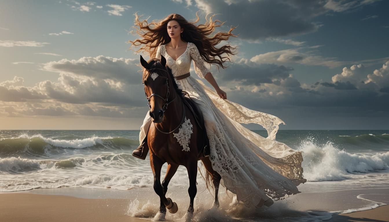 Woman Riding Horse on Beach in Detailed Matte Painting