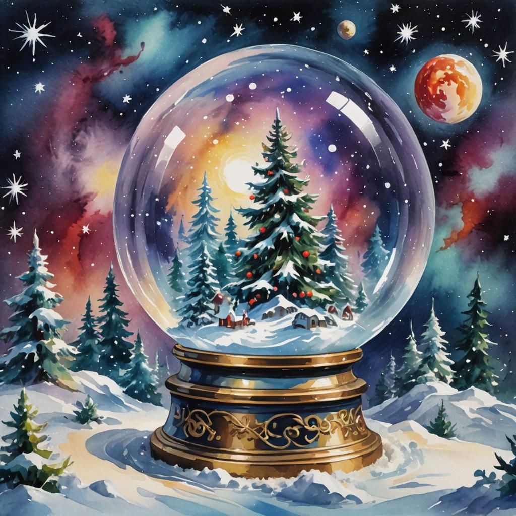 Snow Globe in Space: Gouache Watercolor Masterpiece