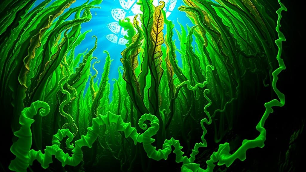 Bioluminescent Kelp Forest with Fractal Light in Surreal Sty...