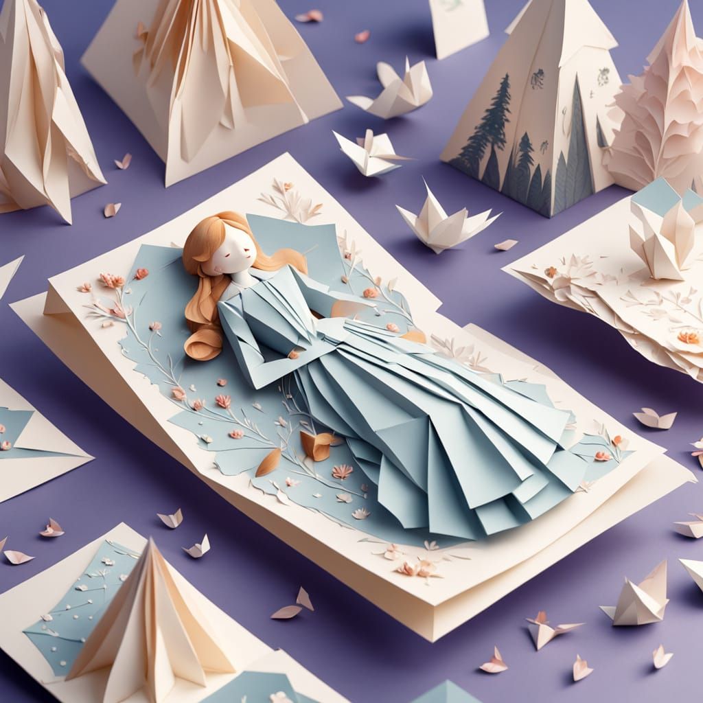 Serene Woman in Origami Paper Wonderland