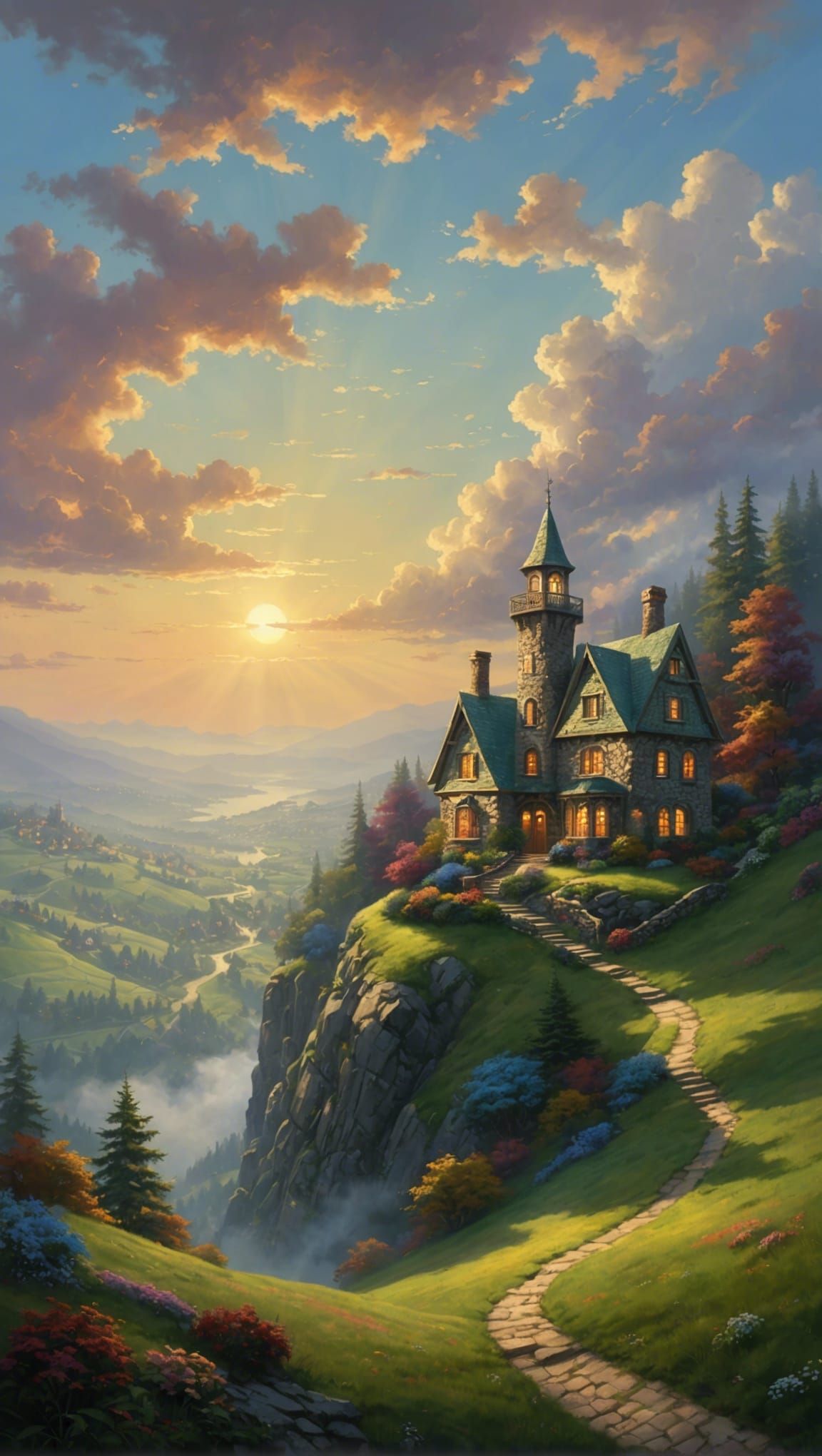 Ethereal House on Hill in Fantasy Landscape