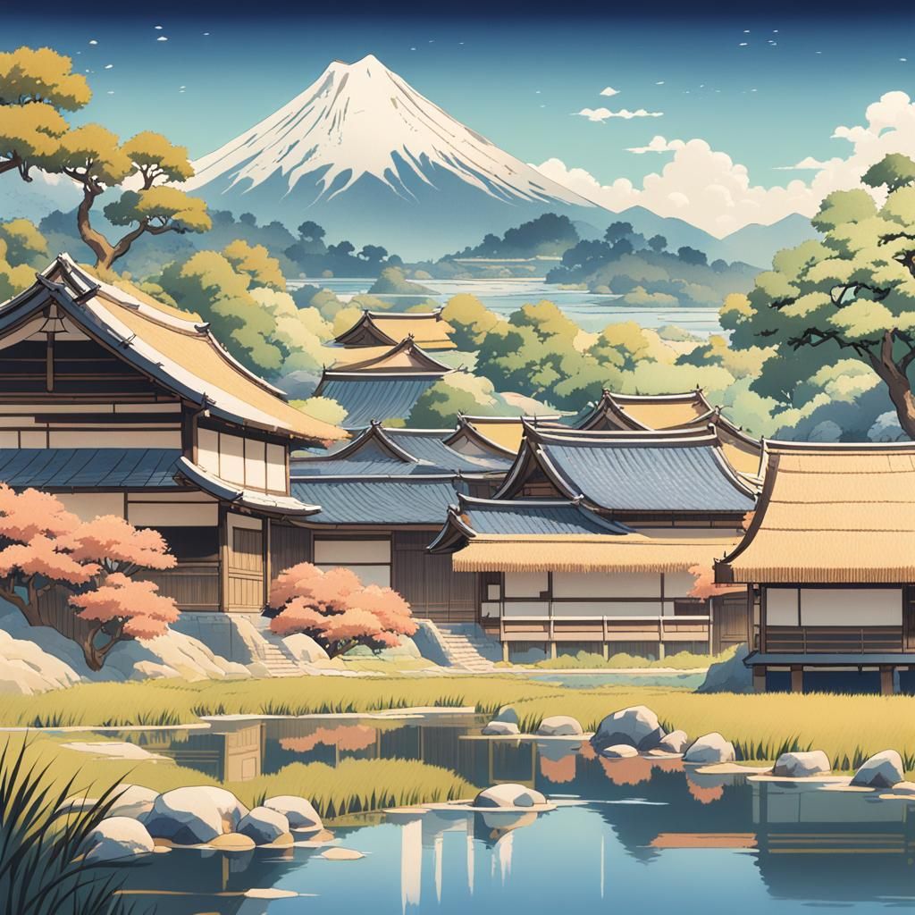 Serene Japanese Village in Ukiyo-e Style