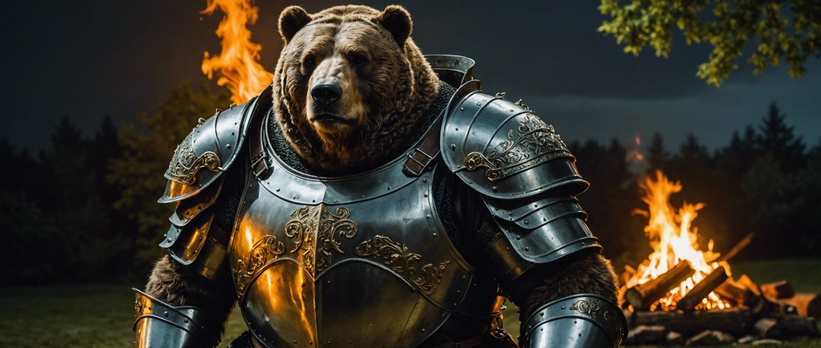 Armored Bear Knight in Bonfire-Lit Landscape
