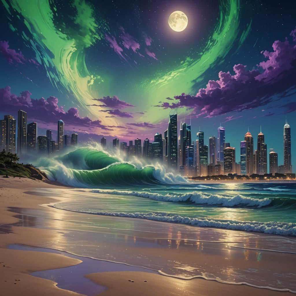 Moonlit Coastal Cityscape: Hyper-Realistic Digital Painting