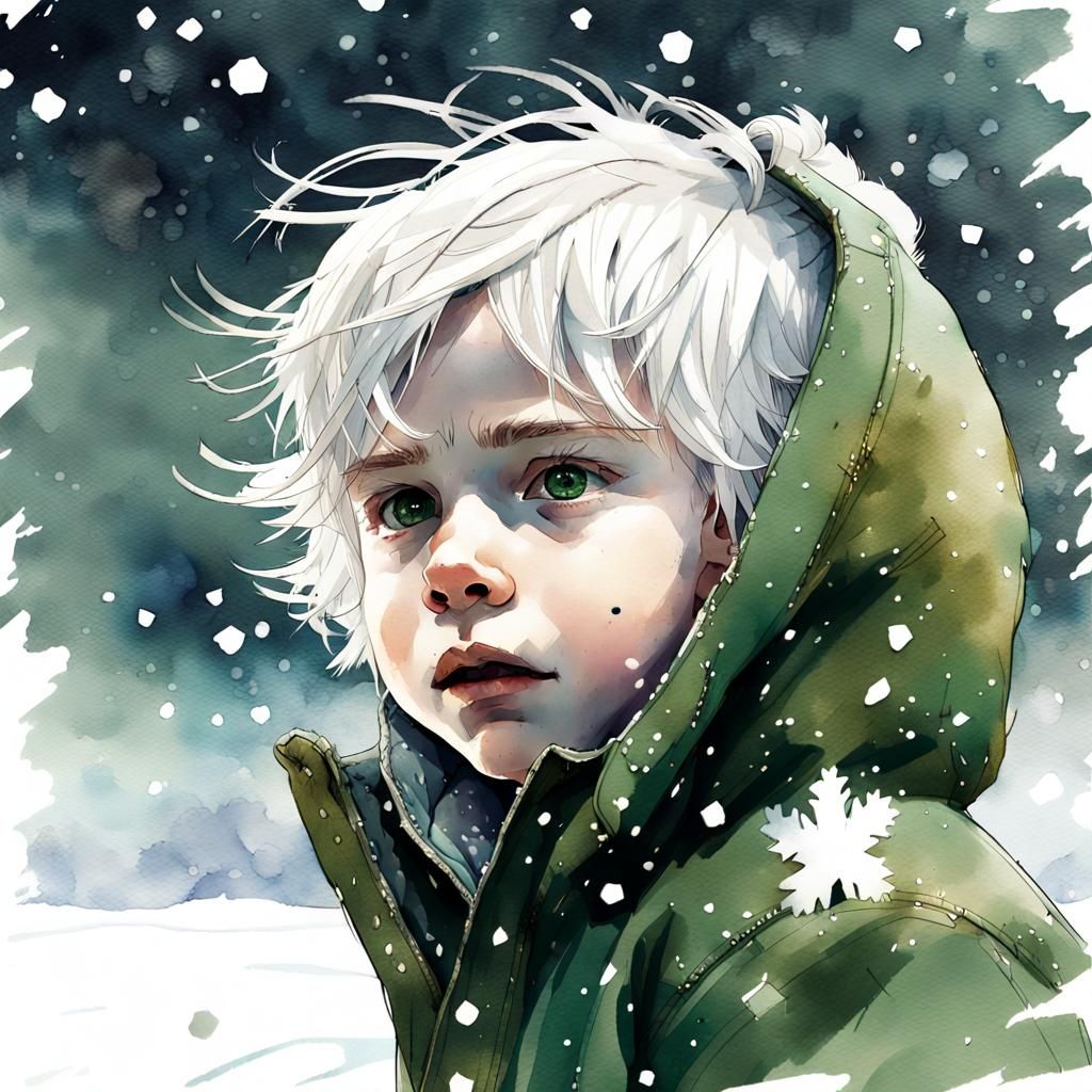 Toddler in Snowy Night, Watercolor Illustration