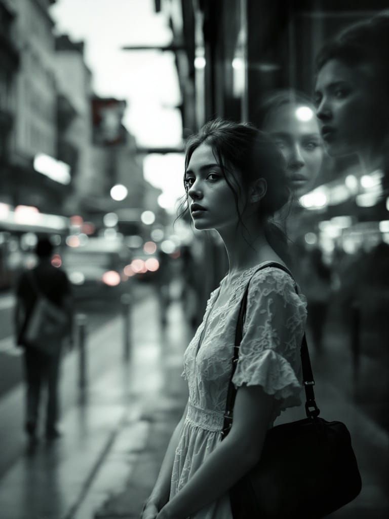 Solemn Young Woman in Pale Lace Dress, Surrounded by Urban S...