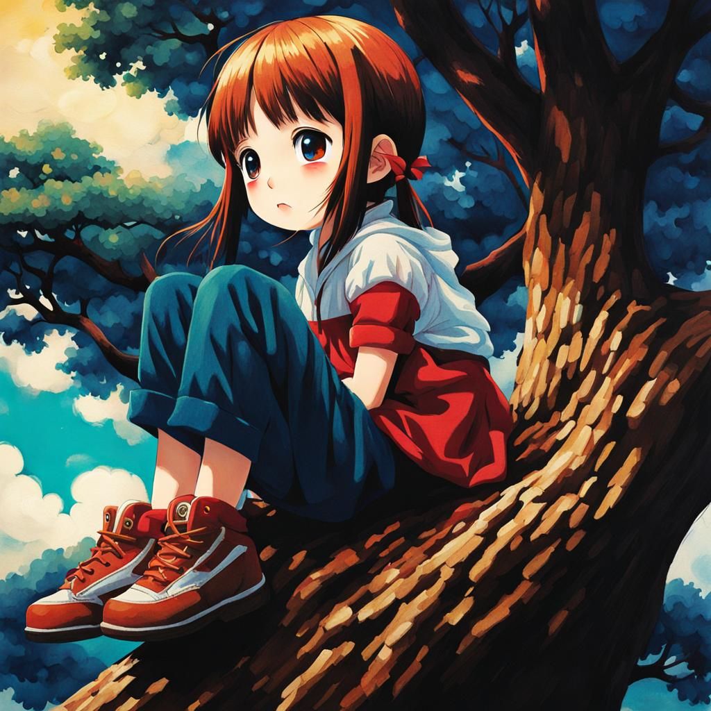 Chibi Manga Girl on Tree in Neopop Style