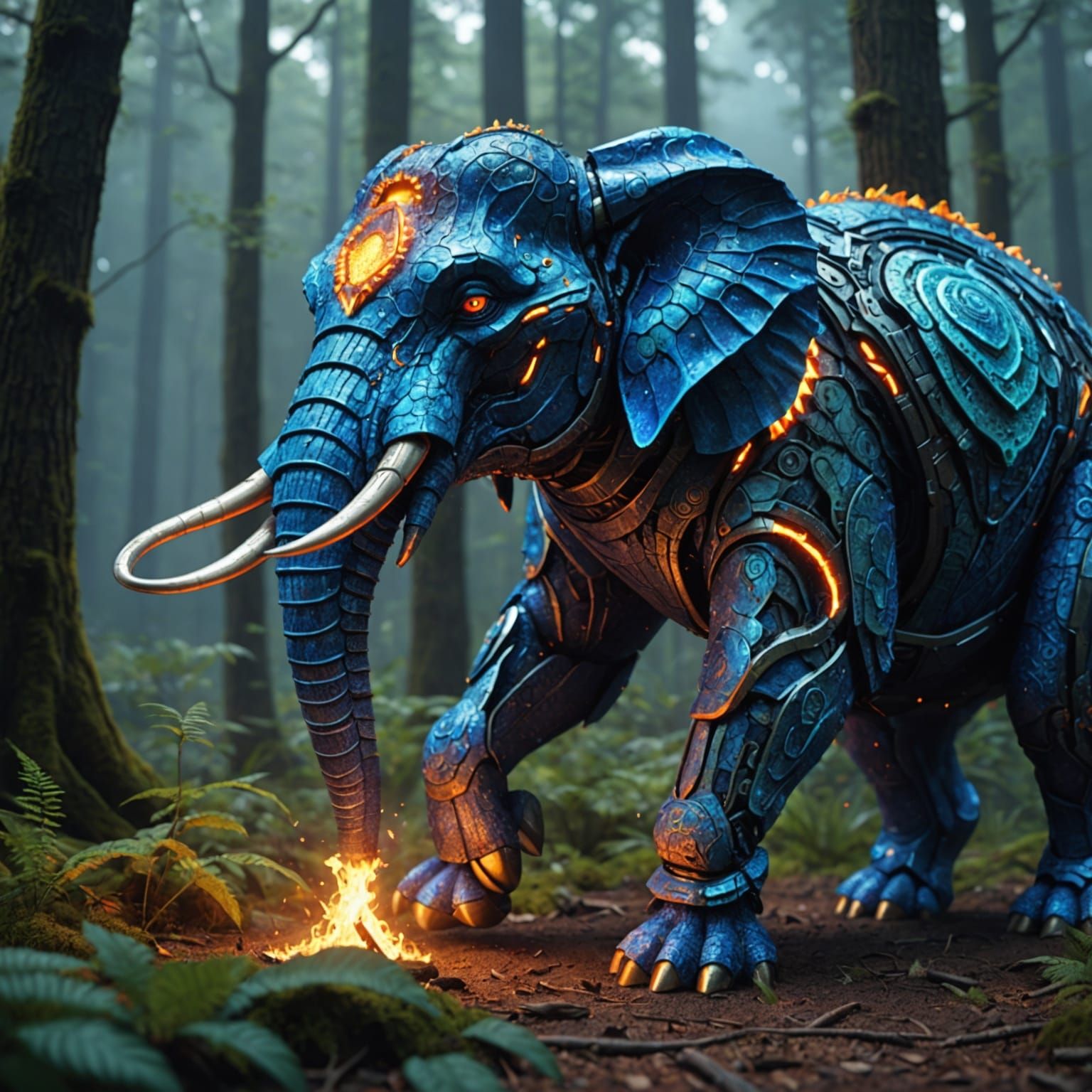 Fiery Serpent in Pointillist Sci-Fi Forest