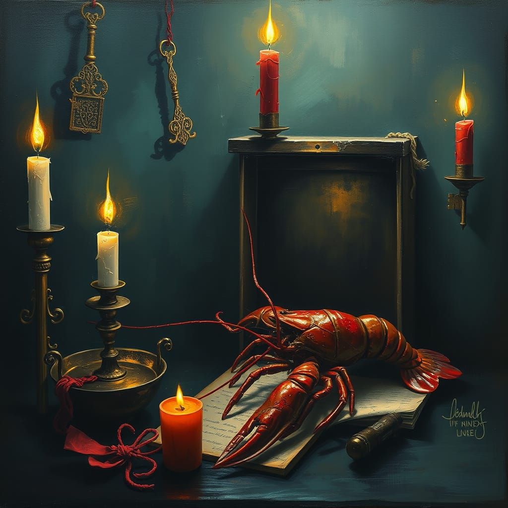 Sinister Painting of Candles, Keys, Letter, and Crawfish