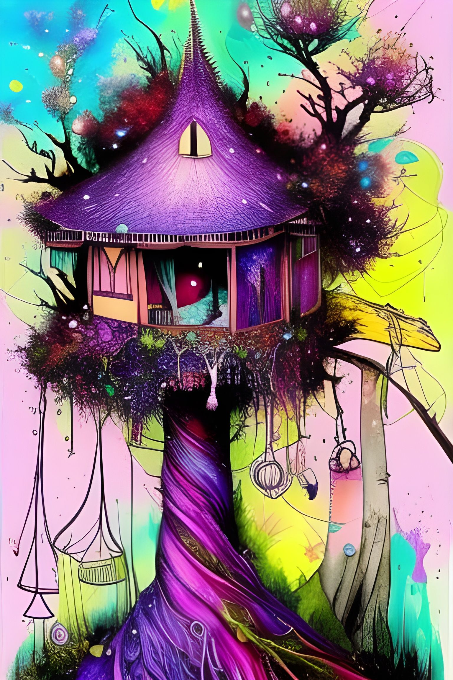 Whimsical Purple Fairytale Treehouse with Ink Splashes