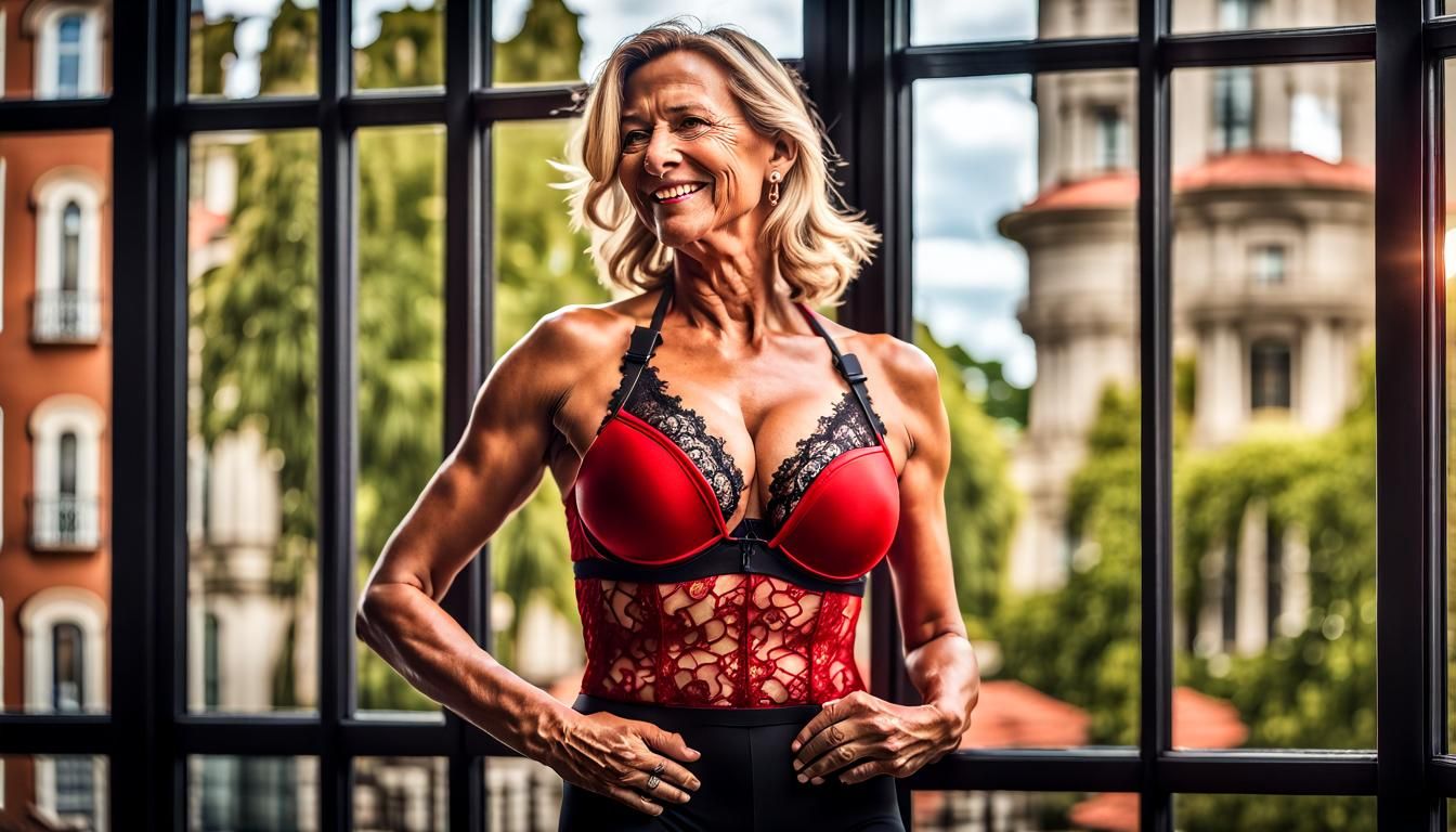A very beautiful 50 year old woman with blonde hair dressed in a red halter