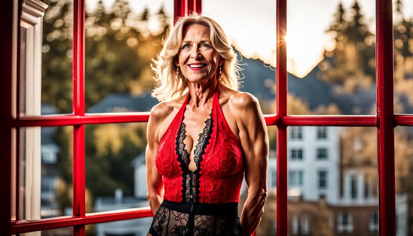 A very beautiful 50 year old woman with blonde hair dressed in a red halter