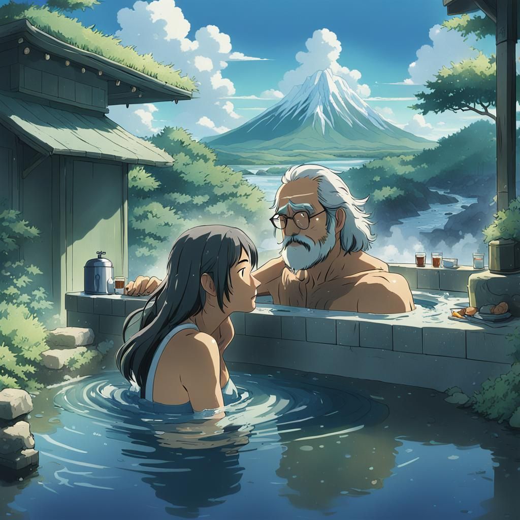 Anime Style Hot Spring Scene by Makoto Shinkai