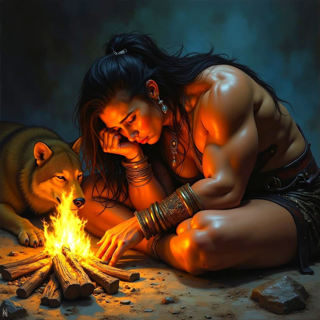 Muscular Barbarian Warrior Rests By Firelight