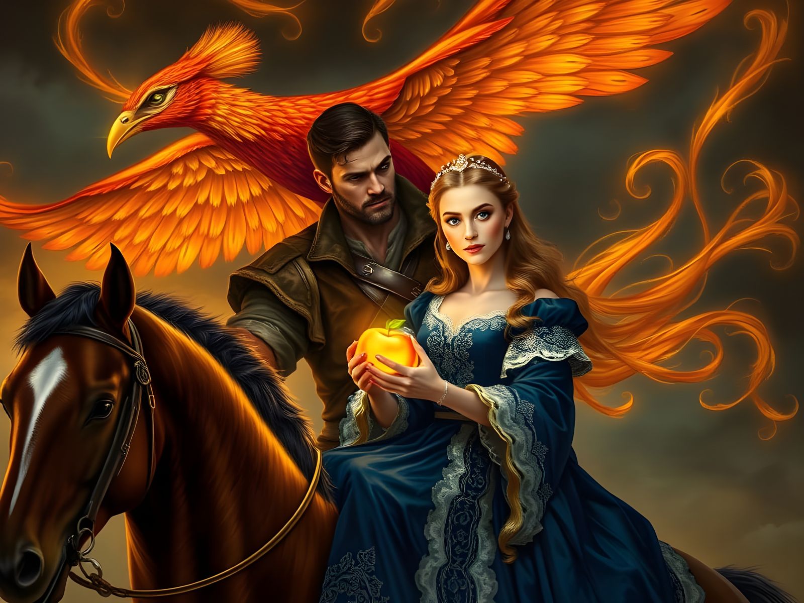 Regal Couple Rides Majestic Horse, Surrounded by Fiery Fireb...