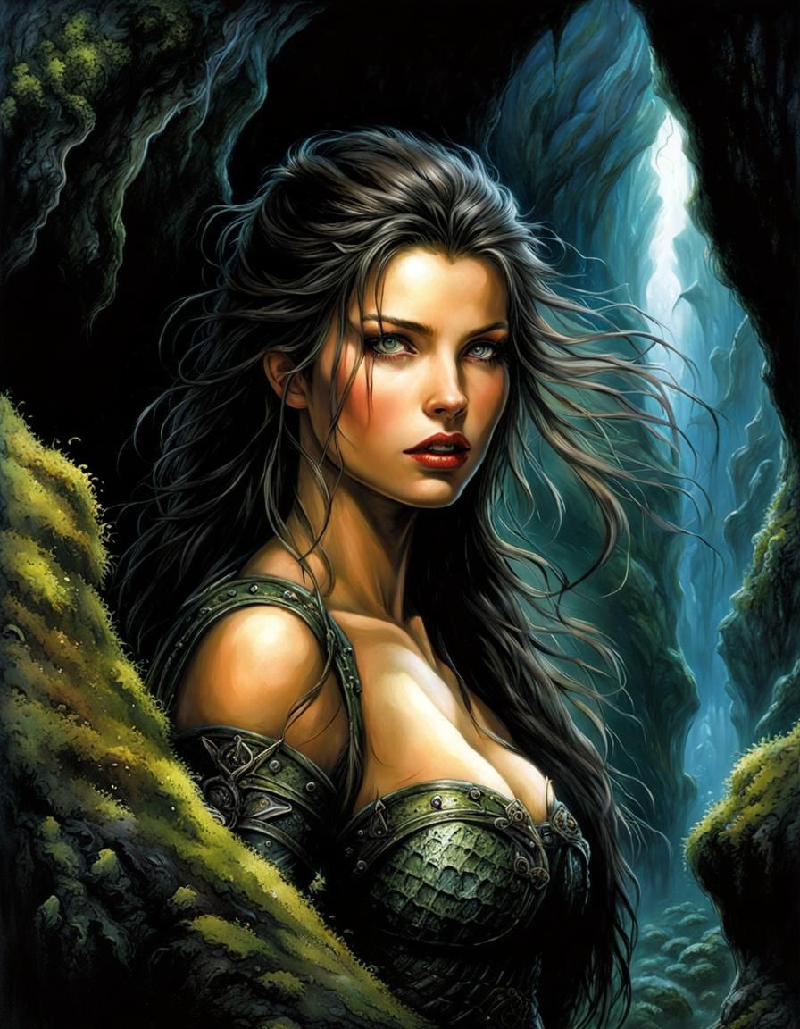 Adventuress Crawling Through a Dark Cave