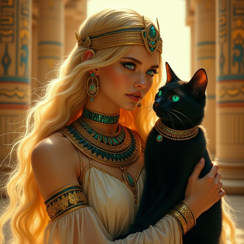 Egyptian Queen with Golden Headdress and Majestic Cat