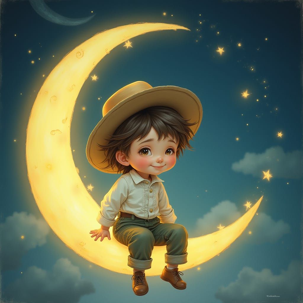 Whimsical Boy Sits Serenely on Crescent Moon