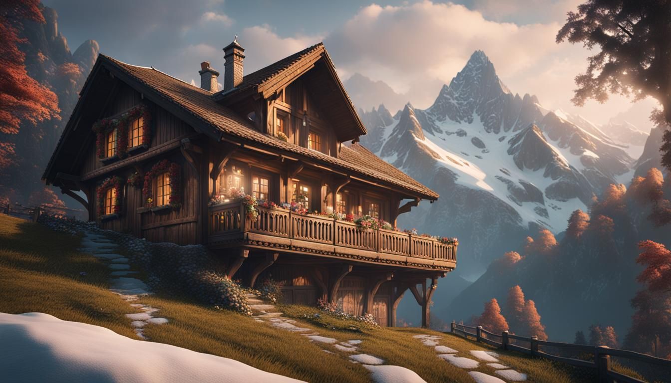 Fantastical Swiss Chalet in Detailed Matte Painting